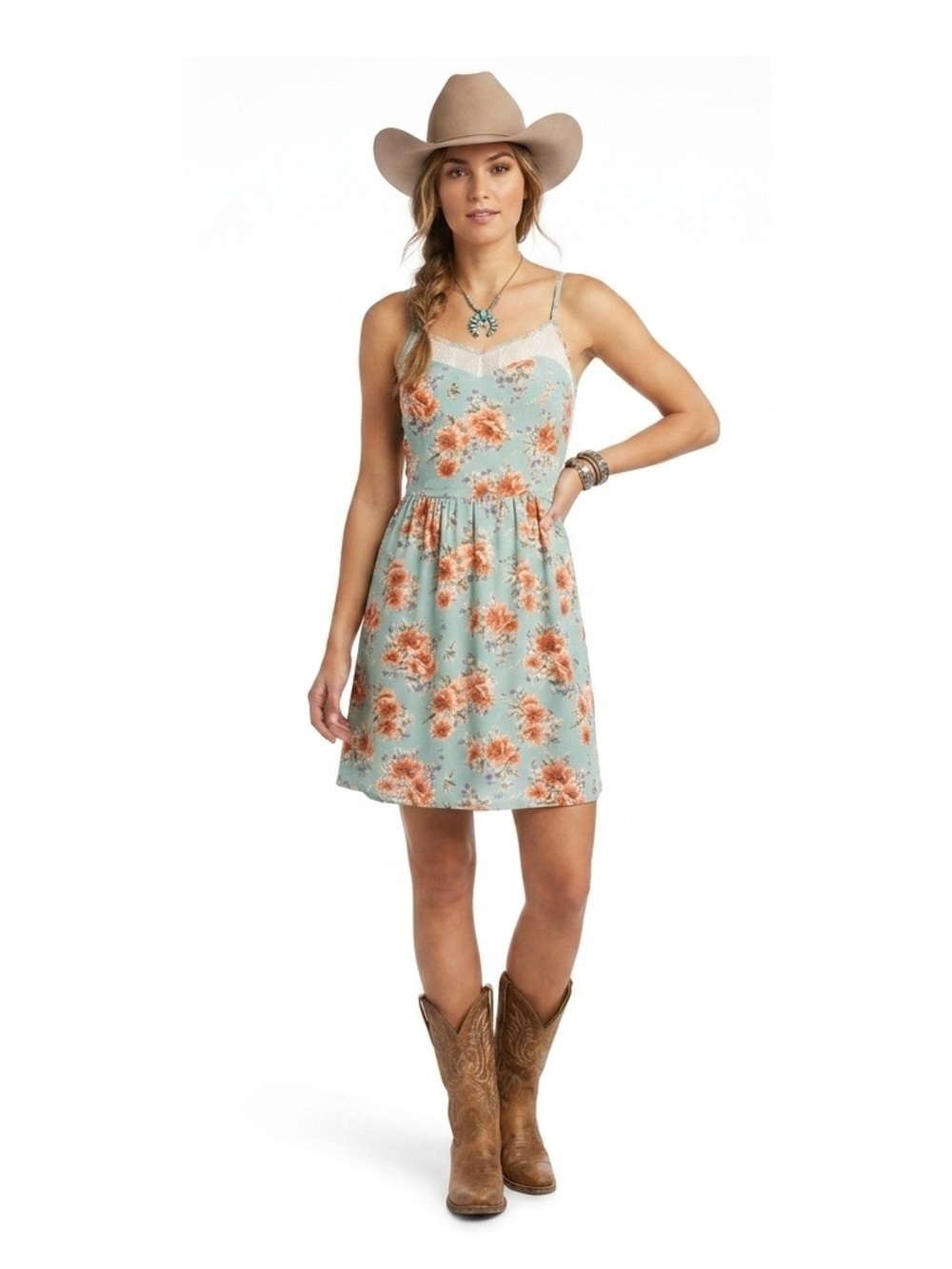 Mint Floral Spaghetti-Strap Mini Dress with Coral Blooms Cottagecore